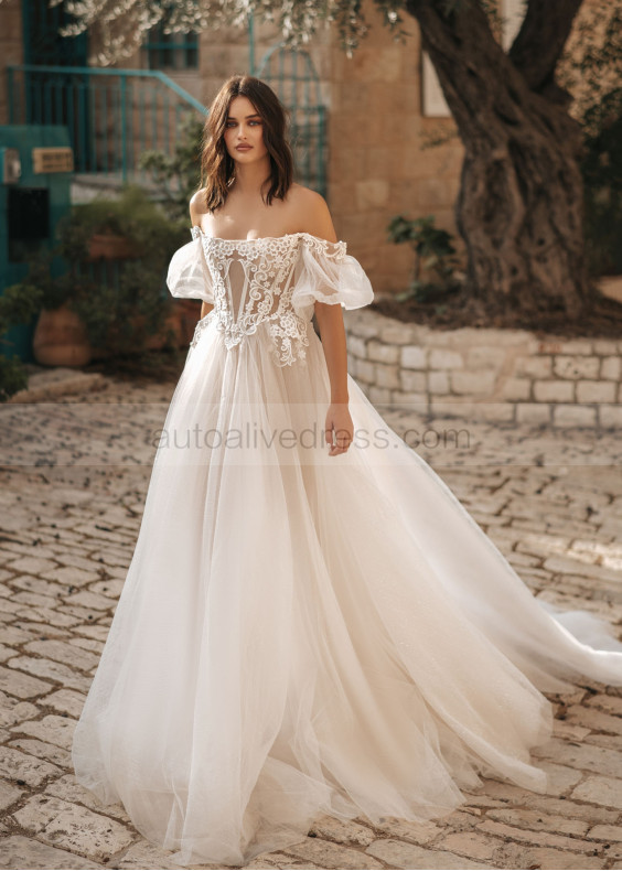 Beaded Ivory Lace Glitter Tulle Gorgeous Wedding Dress